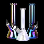 Front view of the Fancy Beaker Water Pipe, a clear glass beaker with a colorful gradient, set against a black background.