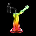 Colorful glass oil rig with attachments, isolated on a black background.