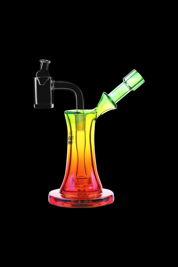 Colorful glass oil rig with attachments, isolated on a black background.
