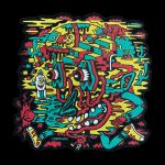 A vibrant, psychedelic sticker design featuring cartoonish faces and swirling, jagged patterns in red, yellow, and teal, with “KIDDER ACID” printed at the bottom.