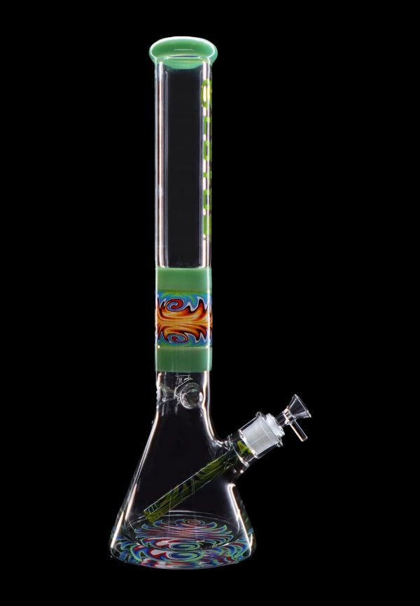 Colorful glass bong with intricate swirling patterns and a removable downstem.