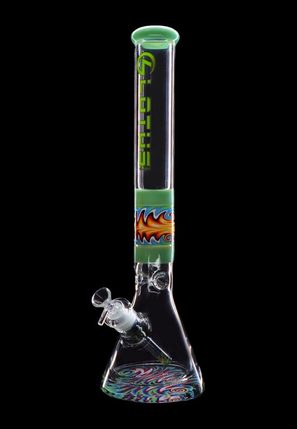 A vibrant green glass bong with colorful swirls and a glass bowl, isolated on a black background.