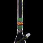 A colorful glass water pipe (bong) with vibrant swirls and patterns against a black background.