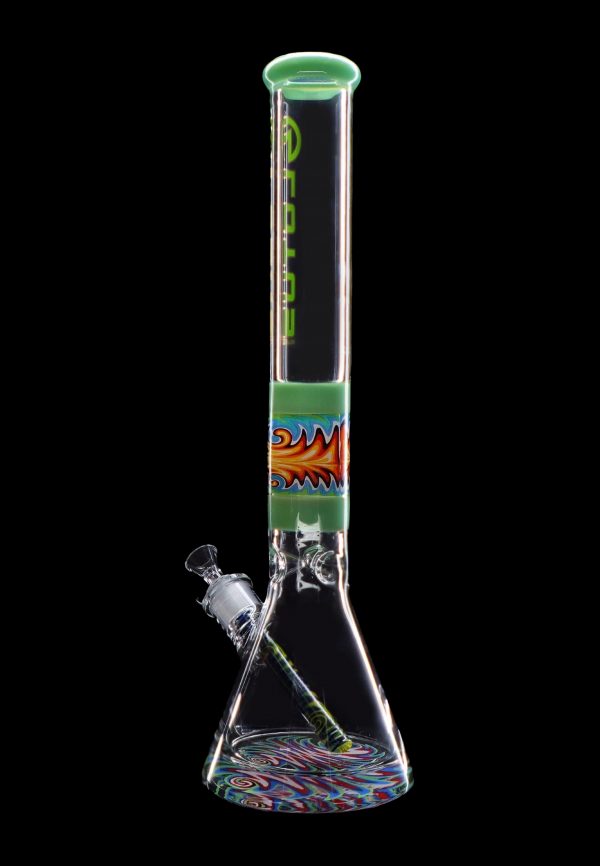 Glass bong with colorful swirling patterns and green accents, isolated on a black background.