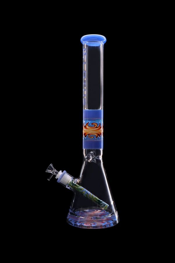 A colorful glass bong with intricate designs, isolated on a black background.