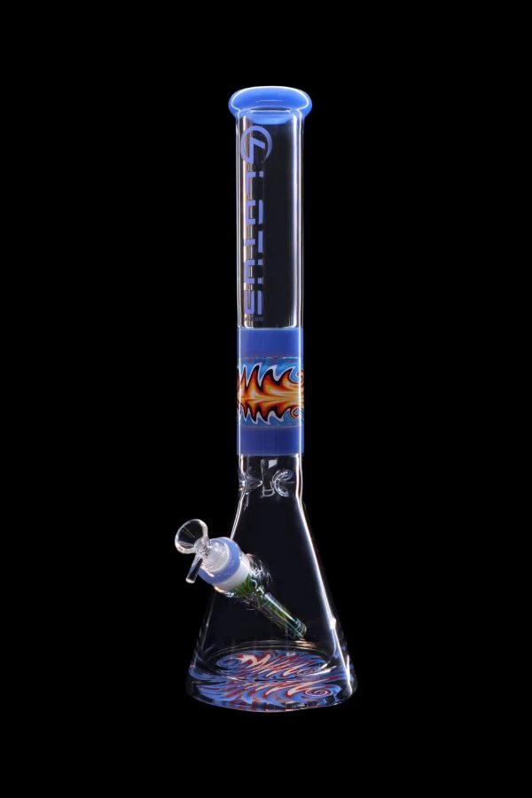 Blue glass bong with vibrant red and orange flame-like patterns, isolated on a black background.