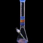Blue glass bong with colorful swirling patterns and intricate glasswork.