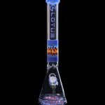Blue and orange glass bong with flame design against a black background.