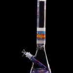 Glass bong with colorful swirling patterns against a black background.