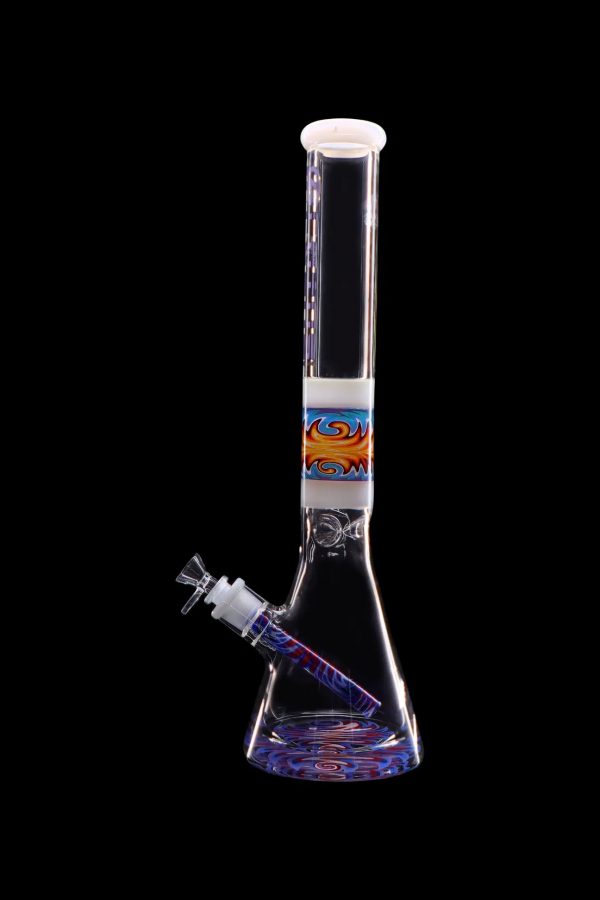 Glass bong with colorful swirling patterns against a black background.