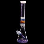 Glass bong with blue and purple swirling patterns against a black background.
