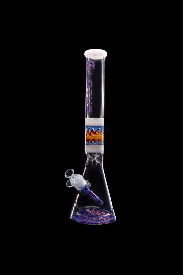 Glass bong with blue and purple swirling patterns against a black background.