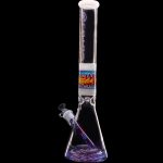 Glass water pipe (bong) with colorful swirling patterns and a glass bowl, isolated on a black background.