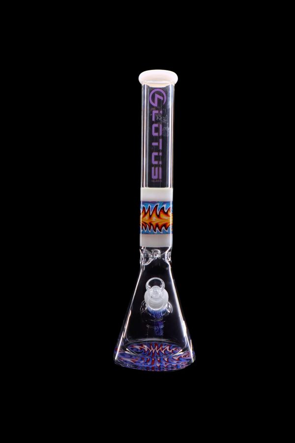 Glass bong with colorful flame design and “Lotus” branding.