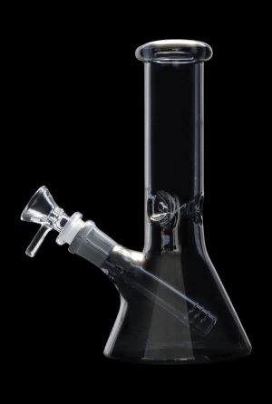 Clear glass bong with a flared base and angled neck.