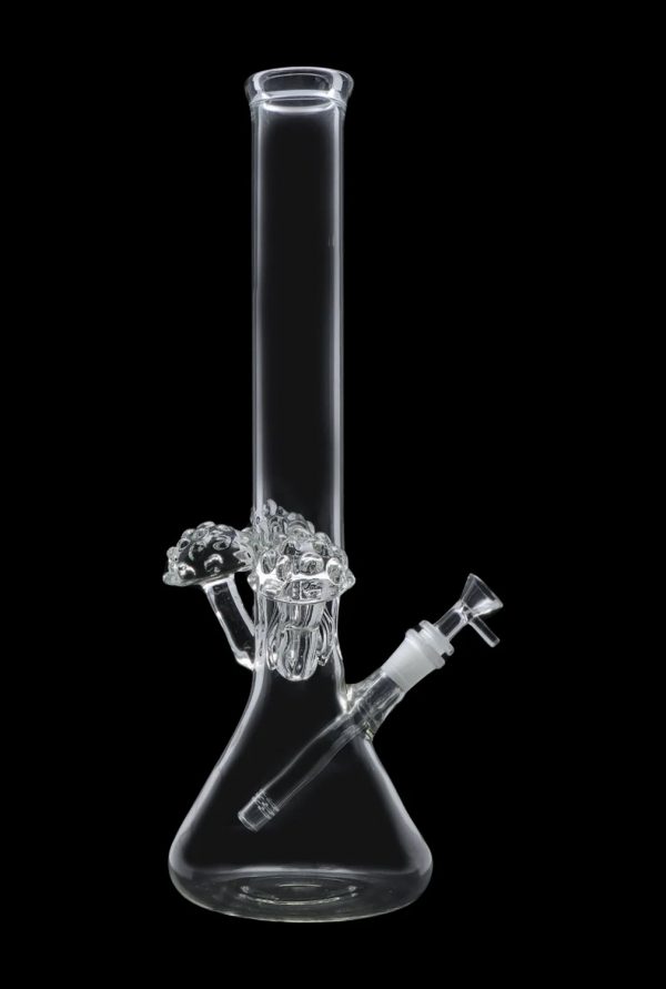 Clear glass bong with percolator against a black background.