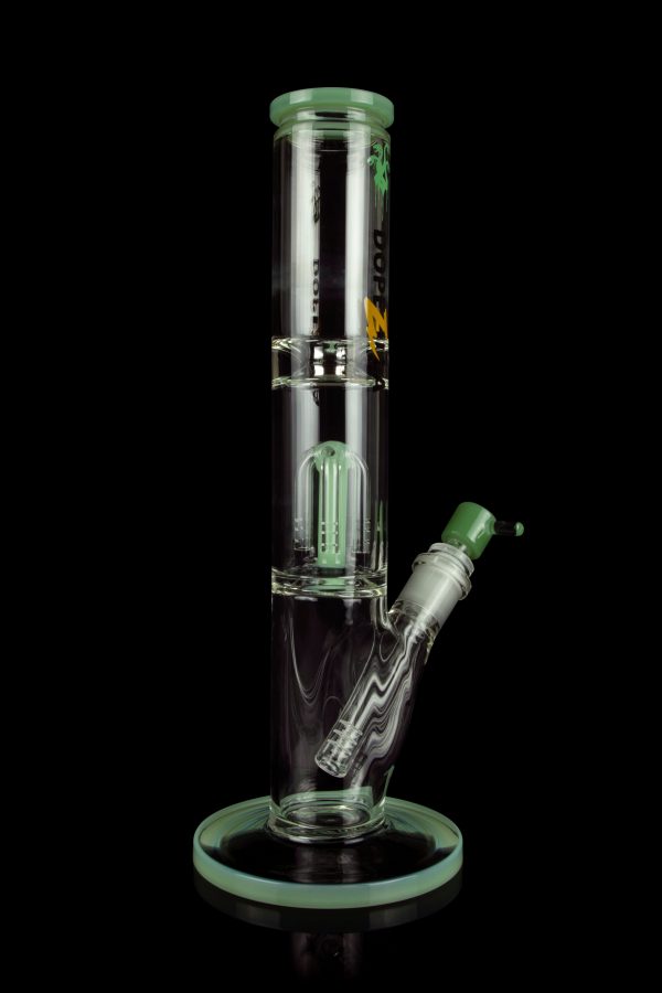 Green glass water pipe with multiple diffusion tubes, isolated on a black background.