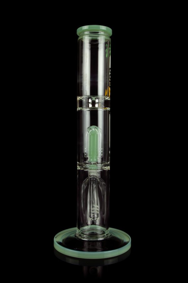 Green glass water pipe (bong) with percolators, isolated on a black background.