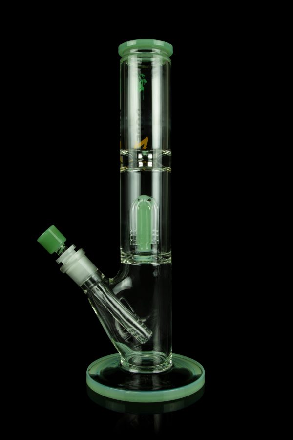 Green glass bong with percolator, isolated on black.