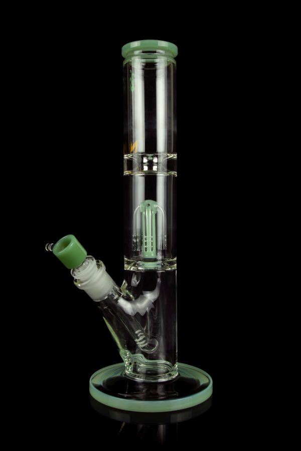 Green glass water pipe (bong) with percolators, isolated on black.