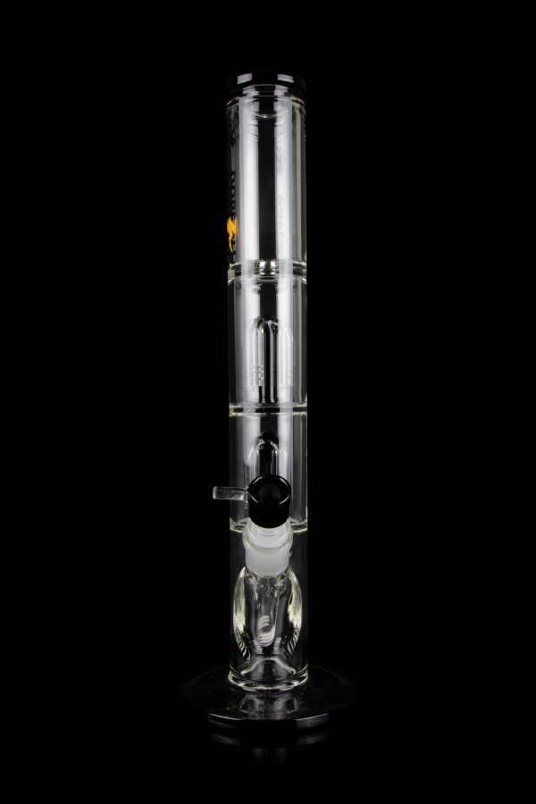 Clear glass bubbler water pipe with ice pinches and a removable diffuser downstem, isolated on a black background.