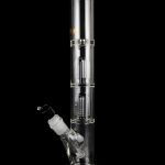 Clear glass bong with multiple diffusion chambers and a glass bowl, isolated on a black background.