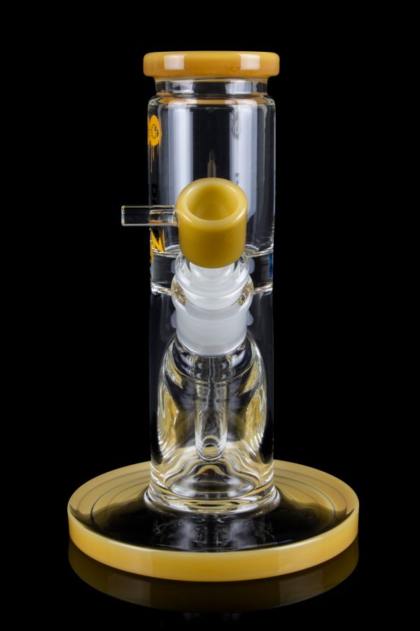 Clear glass bubbler with gold accents, featuring a removable bowl and water chamber.
