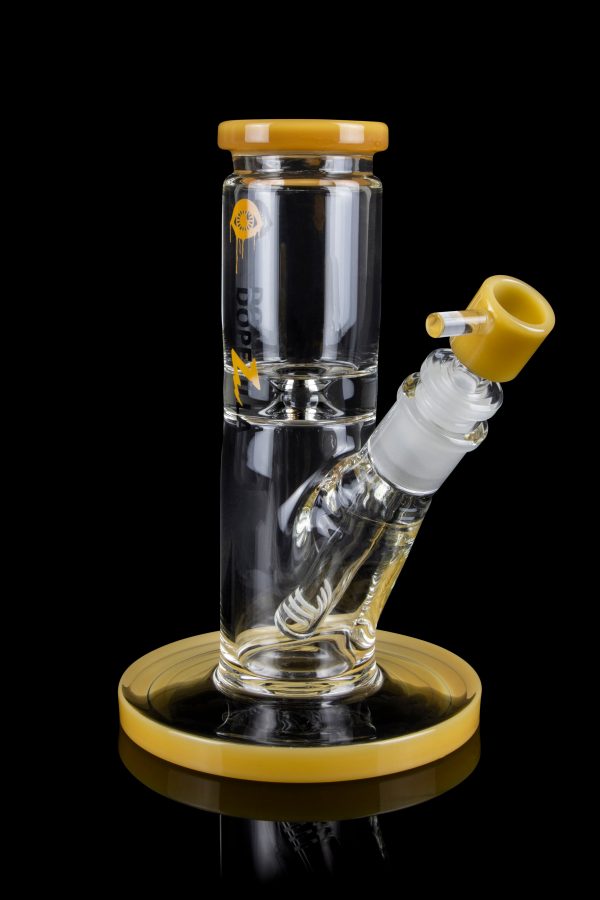 Glass water pipe (bong) with a yellow mouthpiece and base, featuring intricate internal diffusion details.