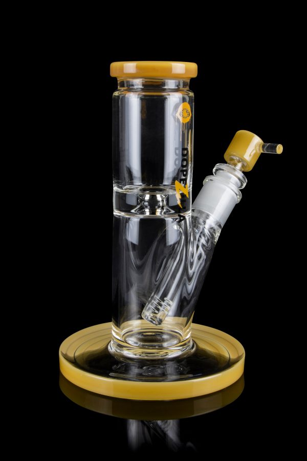 Glass water pipe (bong) with a gold-colored base and mouthpiece, isolated on a black background.
