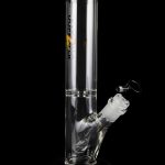 Clear glass bong with ice catch and branded logo, isolated on black.