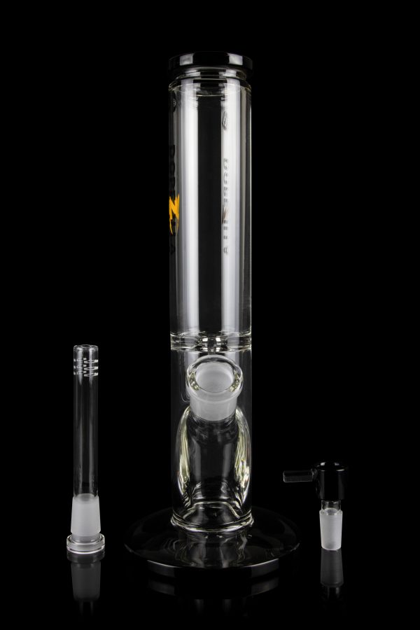Clear glass bong with detachable downstem and bowl, studio shot on black reflective surface.