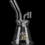Clear glass rig with a bent neck and intricate percolator, featuring a teal accent and spiderweb design.