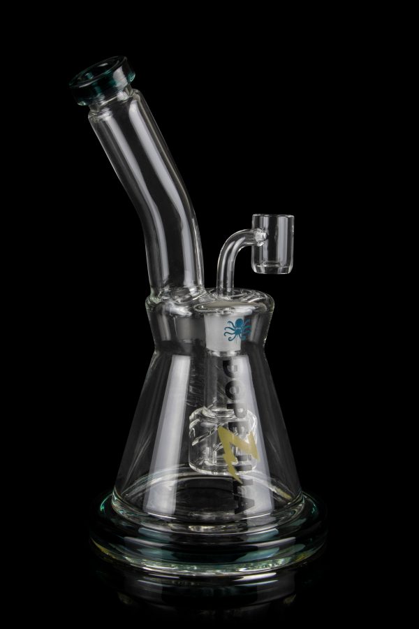 Clear glass rig with a bent neck and intricate percolator, featuring a teal accent and spiderweb design.