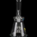 Clear glass water pipe (rig) with intricate internal percolators, isolated on a black background.
