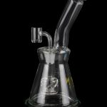 Clear glass water pipe (rig) with a quartz banger, isolated on a black background.