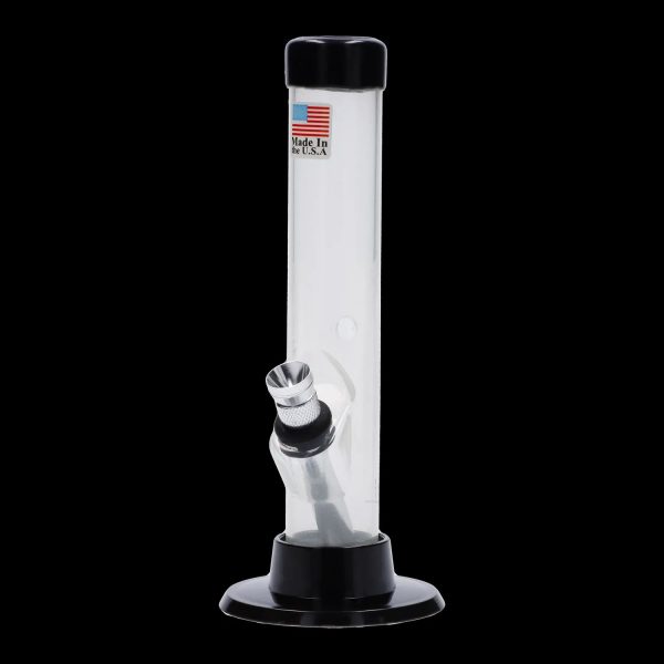 A front view of the 6-inch JM Plastics Mini Matching Straight Tube with Carb Hole Acrylic Water Pipe, showing its clear, cylindrical form.