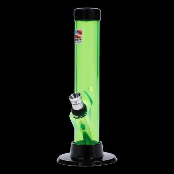 A front view of the 6-inch JM Plastics Mini Matching Straight Tube with Carb Hole Acrylic Water Pipe, illuminated against a black background.