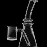 Front view of the Mini All-In-One Quartz Oil Rig with an opaque bottom banger, displaying its compact size and clear glass construction.