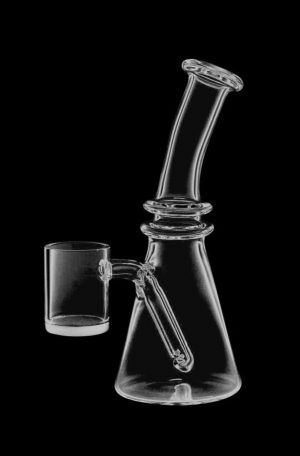 Front view of the Mini All-In-One Quartz Oil Rig with an opaque bottom banger, displaying its compact size and clear glass construction.