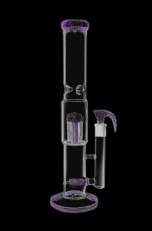 A studio shot of the Inline Showerhead Perc to Domed Tree Perc Big Bong, displaying its clear glass construction and multi-level perc design.