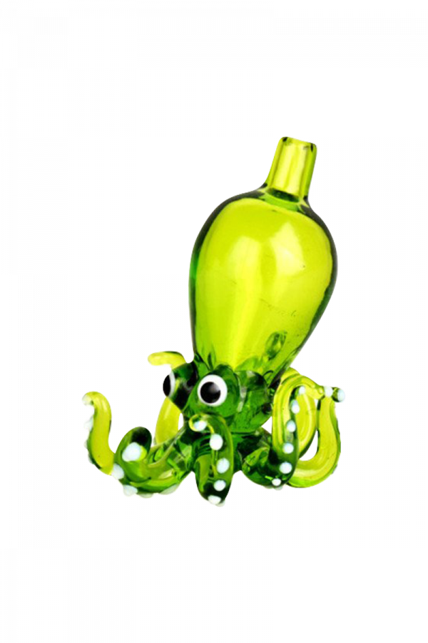 A close-up shows the Octopus Themed Directional Carb Cap, a vibrant green glass cap with curled, tentacle-like details.