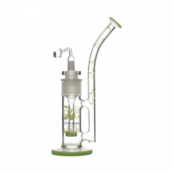 A three-quarter view of the Cheech & Chong "Tied Stick" Dab Rig Bubbler, showcasing its clear glass construction and unique curved design.