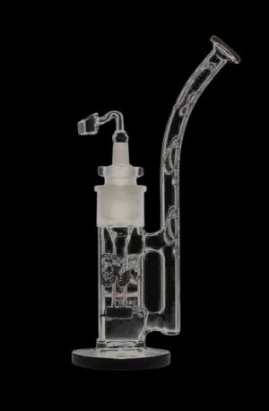 Front view of the Cheech & Chong "Tied Stick" Dab Rig Bubbler, a clear glass bubbler with a unique curved design.