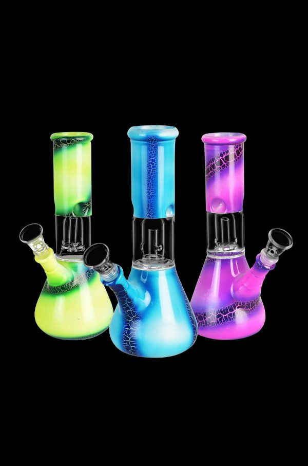 Colorful silicone water pipes (bongs) against a black background.