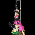 A colorful glass water pipe shaped like a geisha with intricate details and a whimsical bee design.