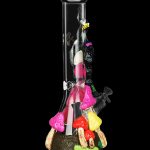 A vibrant, intricately decorated glass bong featuring cartoon characters and colorful mushrooms, set against a black background.