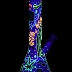 Glowing glass bong with cannabis leaf and “420” designs on a black background.