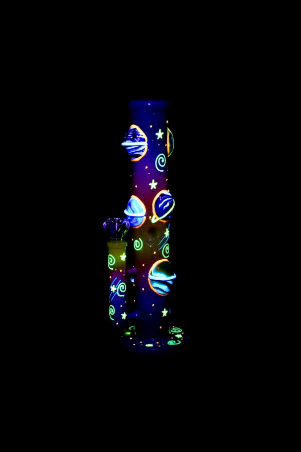 A colorful, psychedelic glass pipe with a space theme featuring planets and stars.