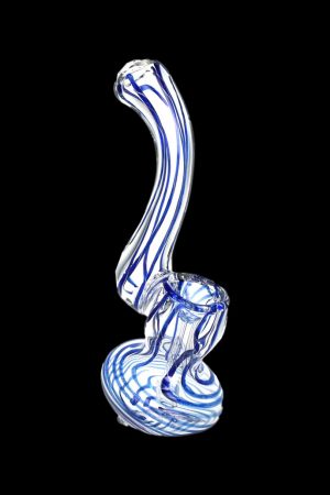 Blue and white glass bubbler pipe for smoking cannabis.