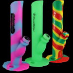 Colorful silicone water pipes (bongs) with cannabis leaf accents, branded “PieceMaker”.